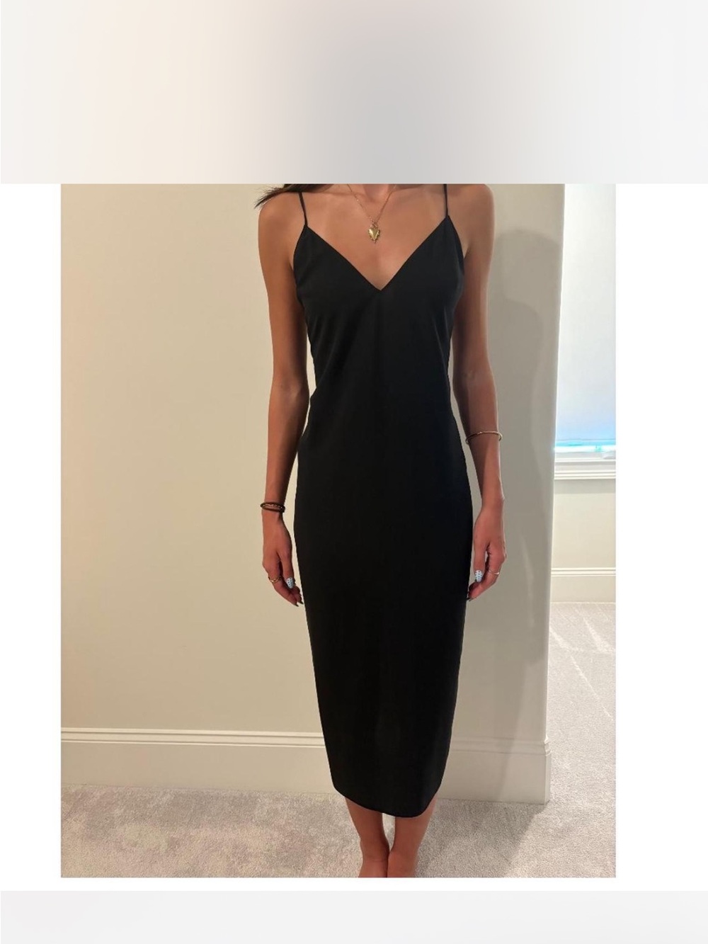 Classic Black Slip Midi Dress - Elegant V-Neck Spaghetti Strap